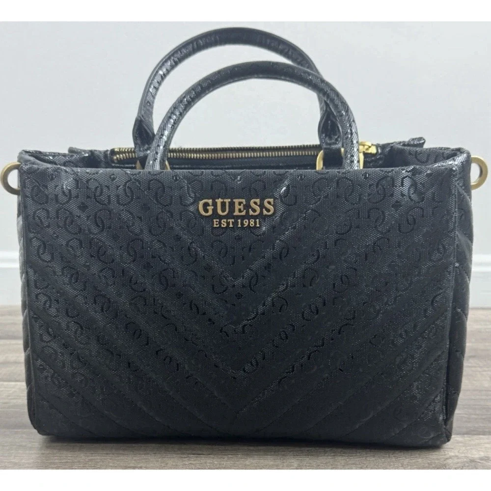 Guess Jania Society Quilted‎ Medium Satchel Crossbody Black Logo Embossed NEW